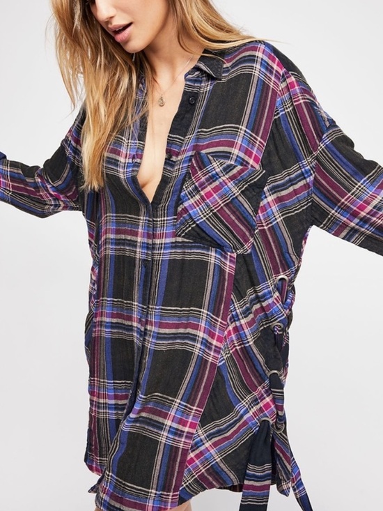 Free People Tops - FREE PEOPLE Nordic Day Top Plaid Buttondown Oversized Purple Blue Shirt XS
